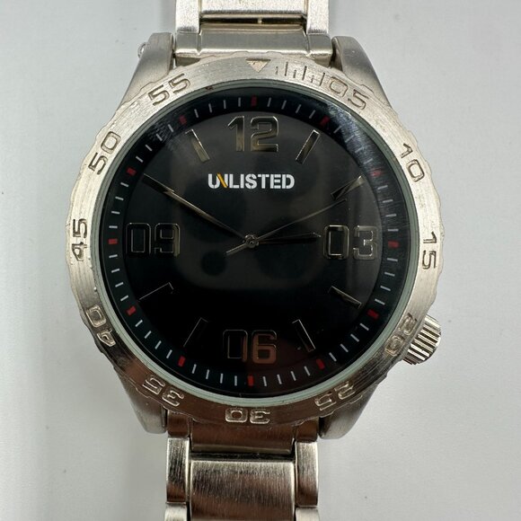Unlisted Watch Men Silver Tone Black Dial 49MM Large Dial New Battery 8.75" - Picture 1 of 11